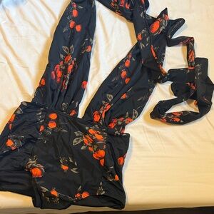 Floral Black and 🍊 Orange Swimsuit Large